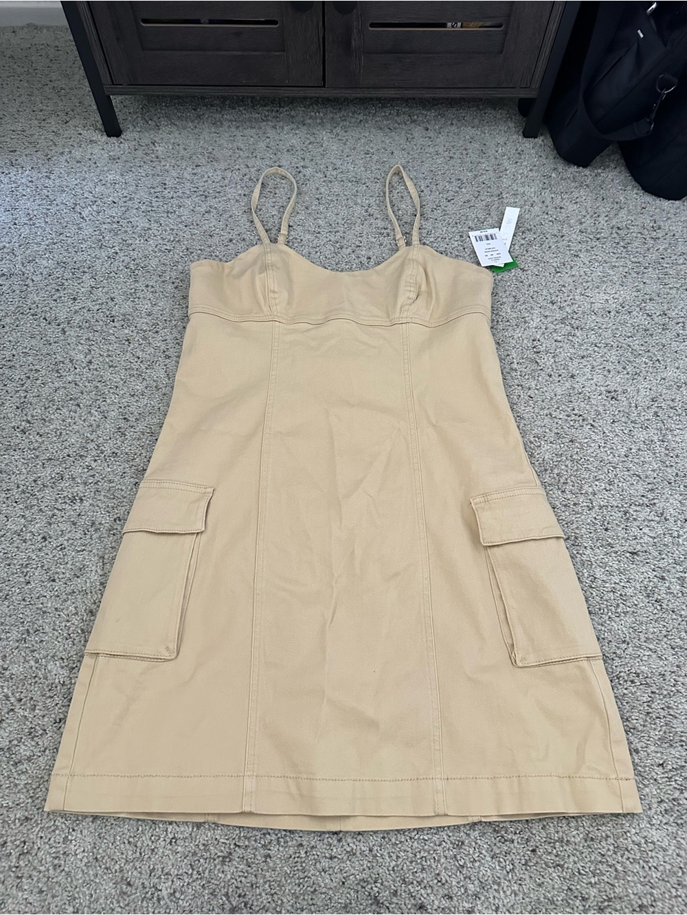 Women's Beige Cargo Pocket Spaghetti Strap Dress